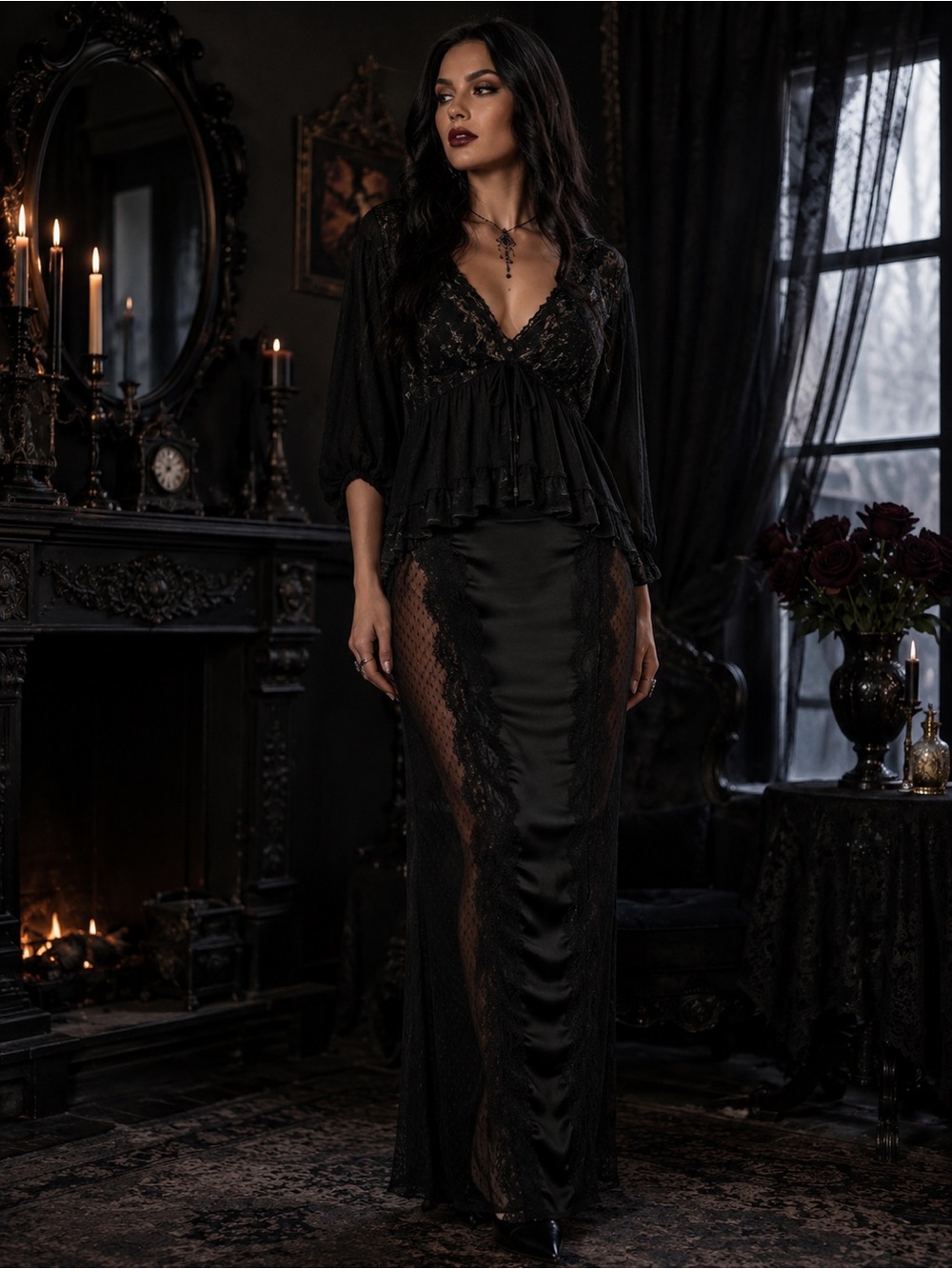 Fashion Nova Black Hot Take Satin Lace Whimsigoth Morticia Maxi Skirt S